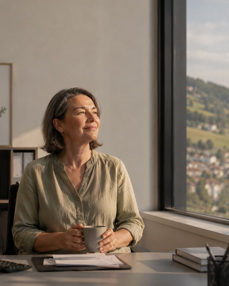 Eine Mitarbeiterin im Backoffice sitzt mit einer Tasse am Schreibtisch und blickt aus dem Fenster.