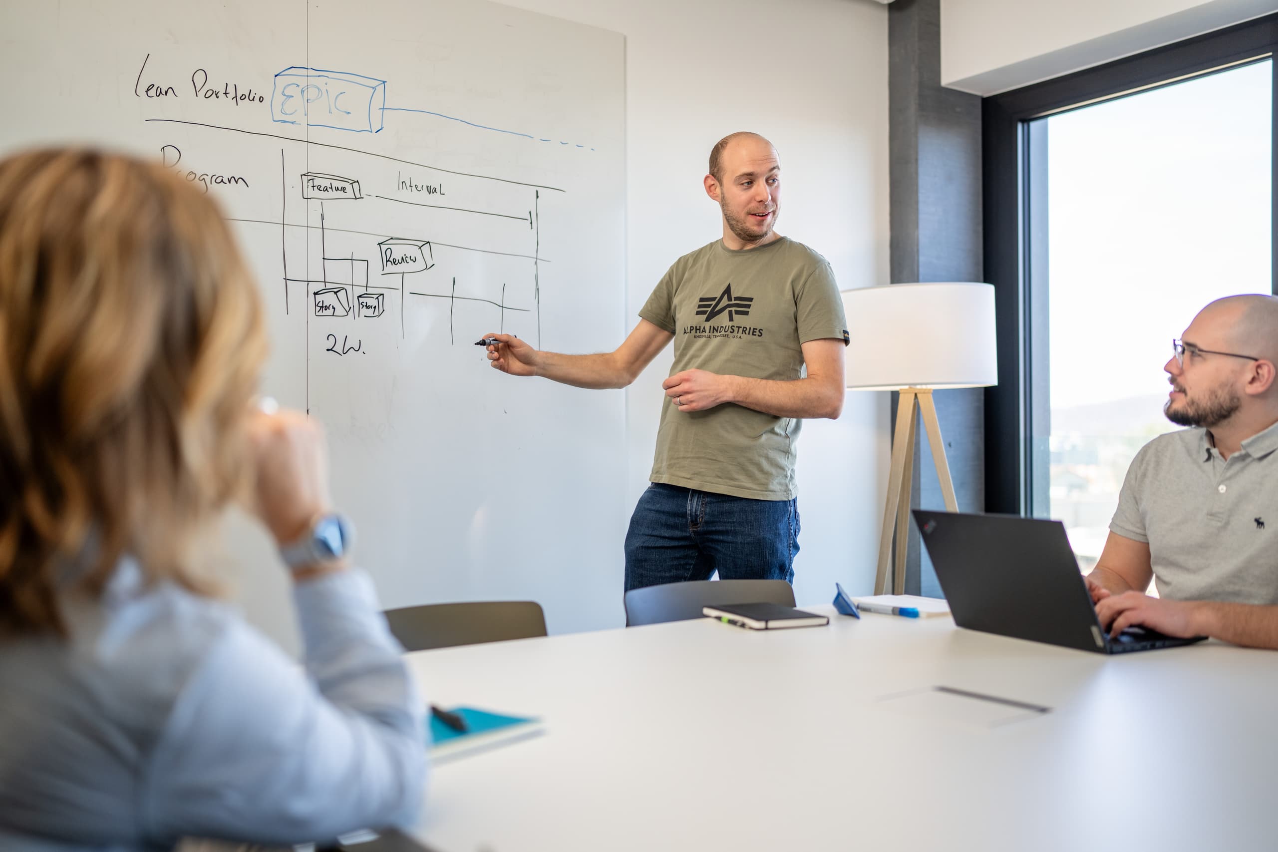 Teambesprechung: Ein Mitarbeiter präsentiert ein Diagramm am Whiteboard, zwei Kollegen hören zu.